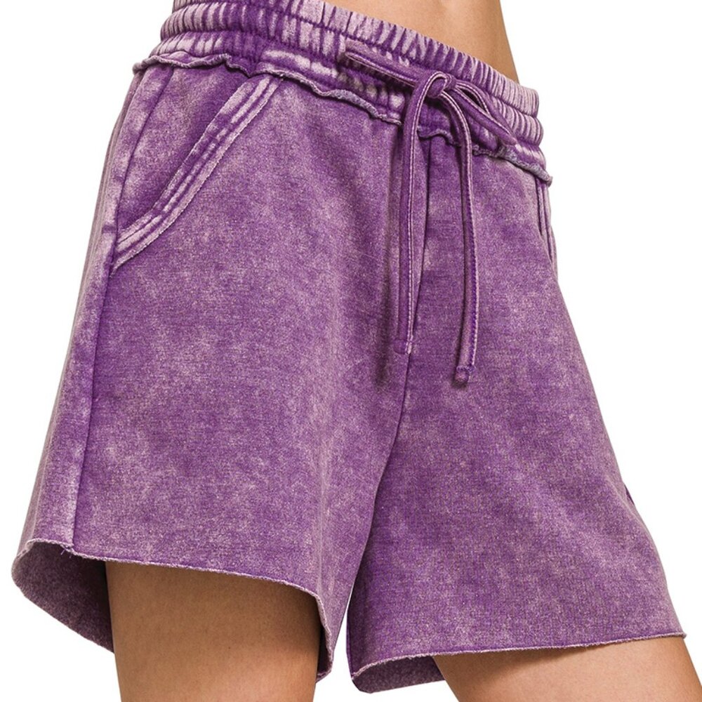 Zenana Acid Wash Fleece Drawstring Shorts with Pockets, Violet